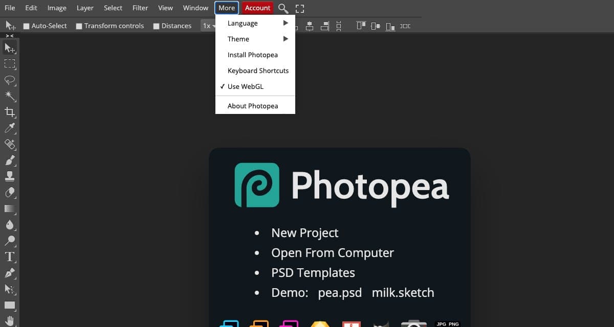 於瀏覽器開啟Photopea.com後,可點擊 “More”中的 “Language”揀選界面操作語言如 “正體字 中文”。點選 “Open From Computer”後可從您的電腦中上載想編輯的圖片。